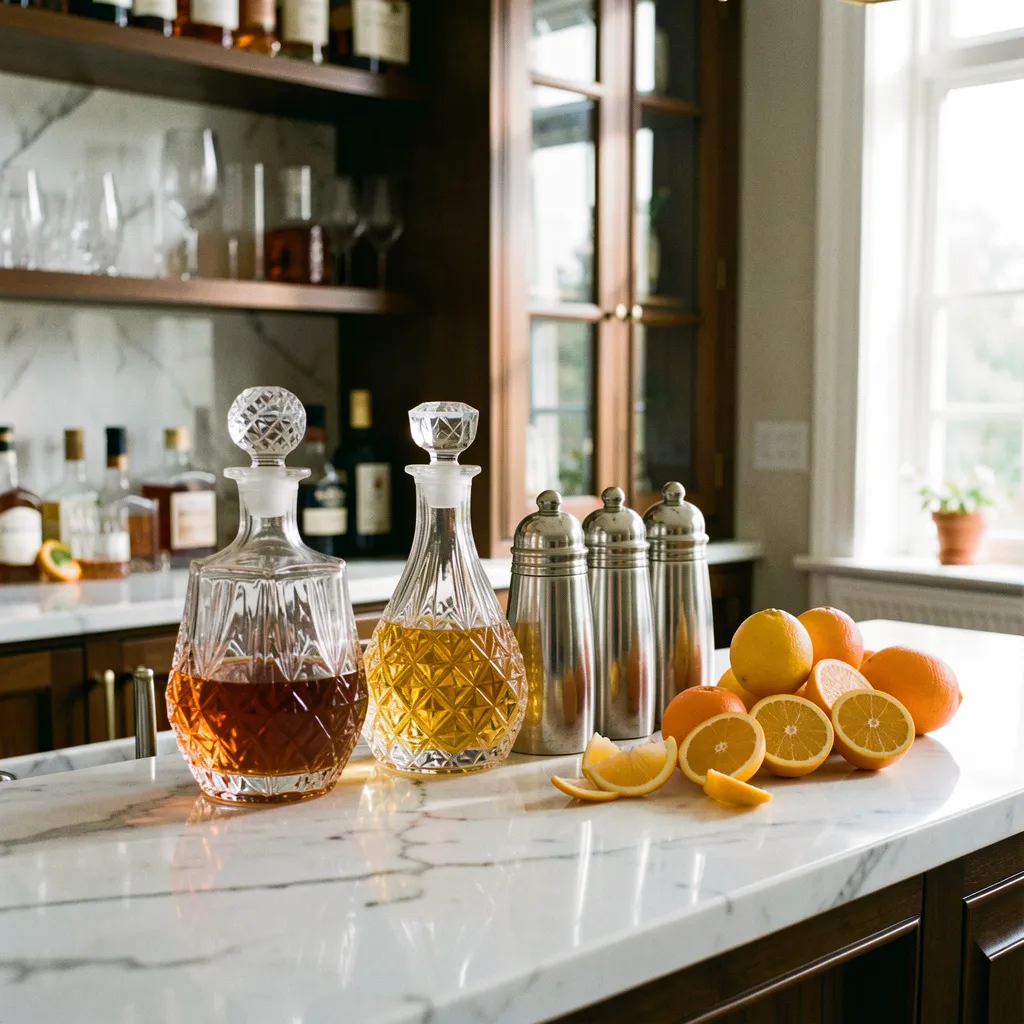 Elegant home bar setup with sophisticated lighting